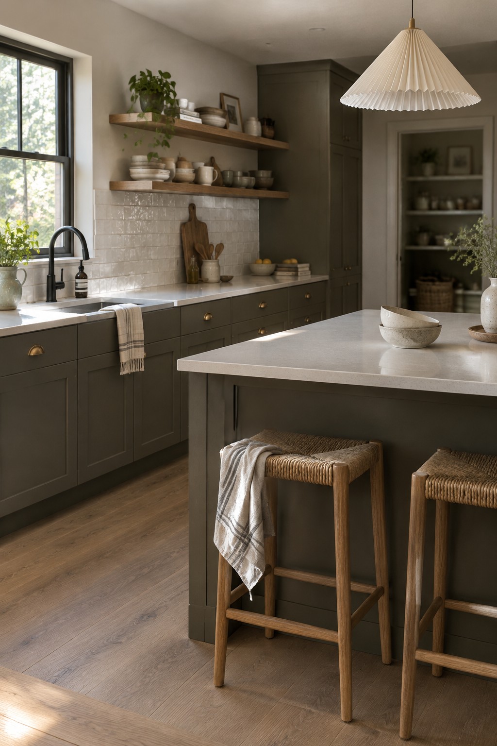 Muted olive-green kitchen cabinets with warm wood shelves and white tile.