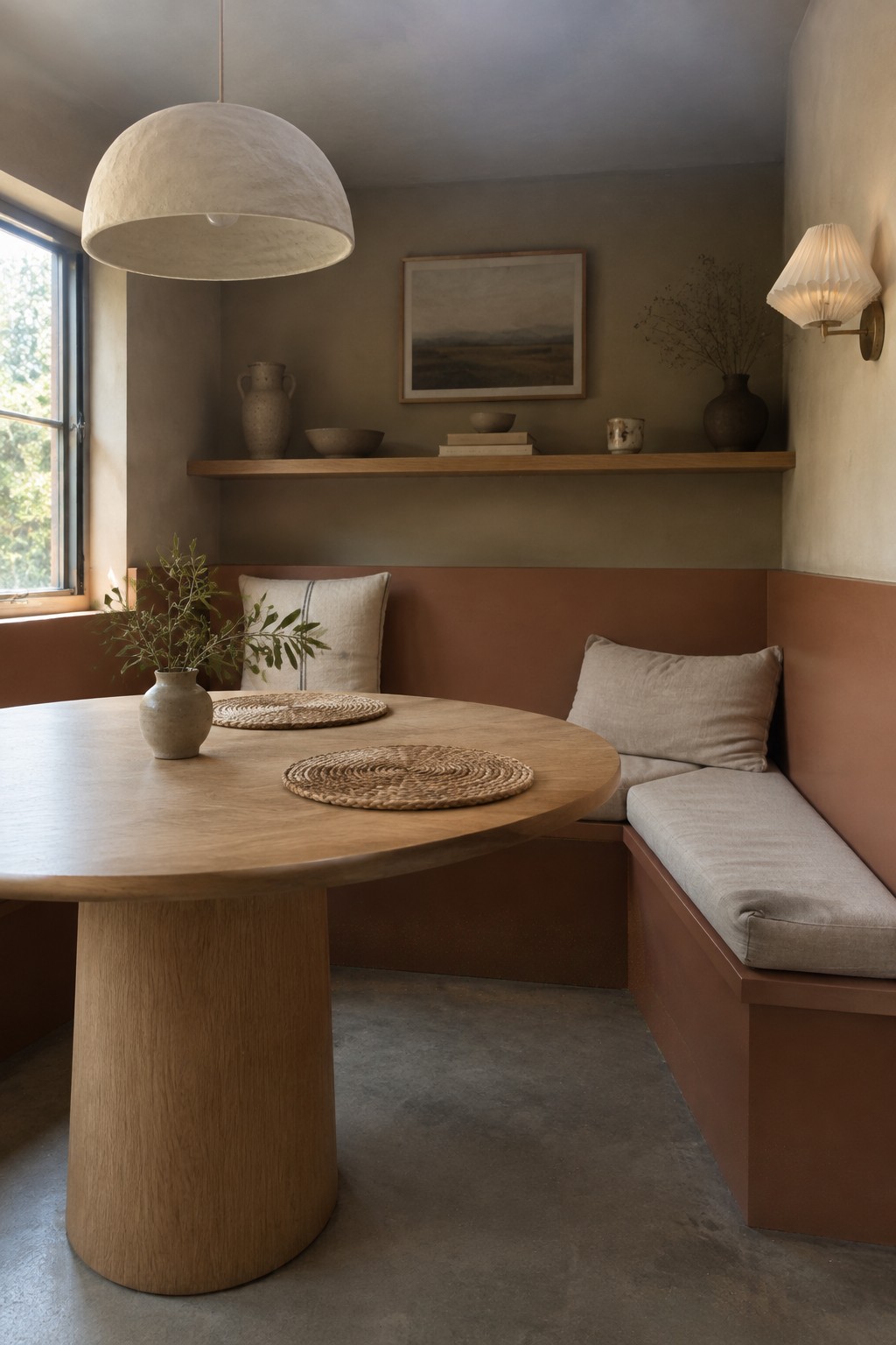 Muted terracotta paint on the lower walls of a dining nook with a built-in bench and oak table.
