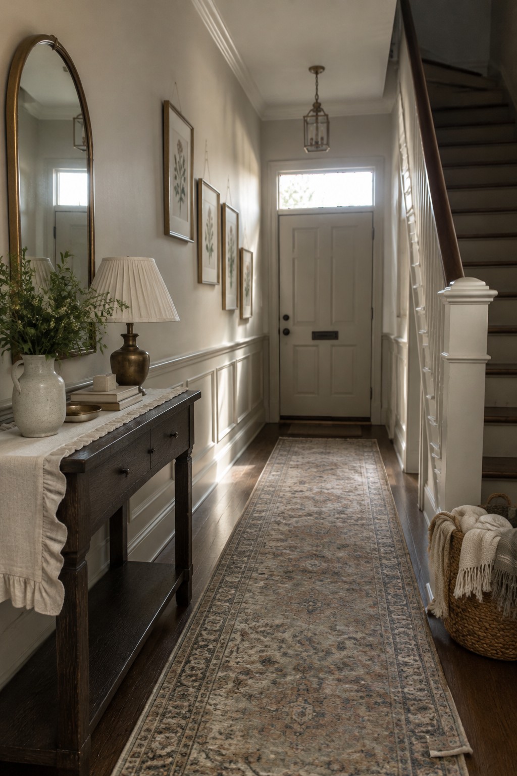 Warm greige walls and white trim in a narrow hallway with dark wood flooring.