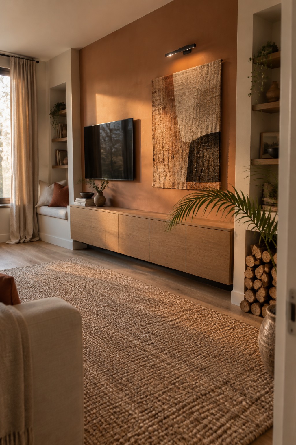 Terracotta-painted living room wall above a warm oak media cabinet. The wall color reads as a muted, earthy orange-brown, close to Jotun 20118 Amber Red or 20046 Savanna Sunset, though the exact match is uncertain. It gives the room a warmer feel than beige, while the oak keeps the color from seeming too strong.