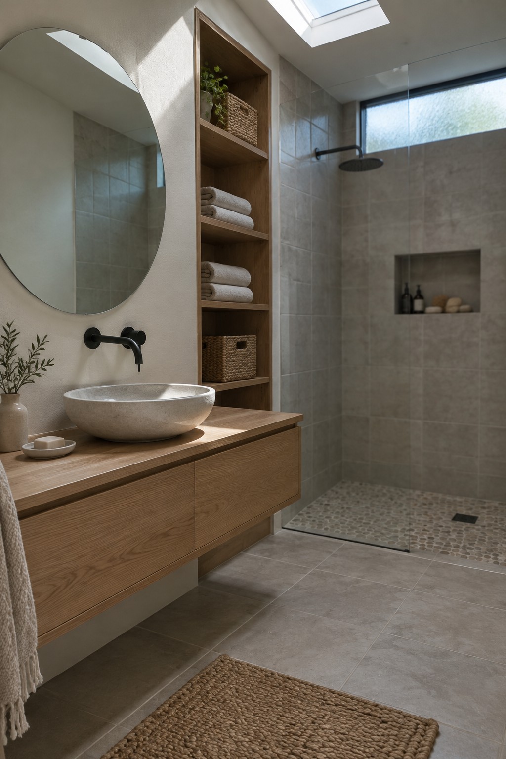 A bathroom with a wood vanity, round mirror, recessed shelves holding towels and woven baskets, and a tiled walk-in shower.