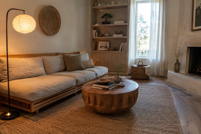 18 Boho Japandi Interiors With Restrained Woven Accents A neutral living room with a low wooden sofa, woven details, a round wooden coffee table, and a woven rug.