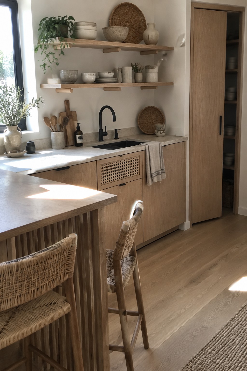 A kitchen with light wood cabinets, open shelves, a pale stone counter, and woven dining chairs.