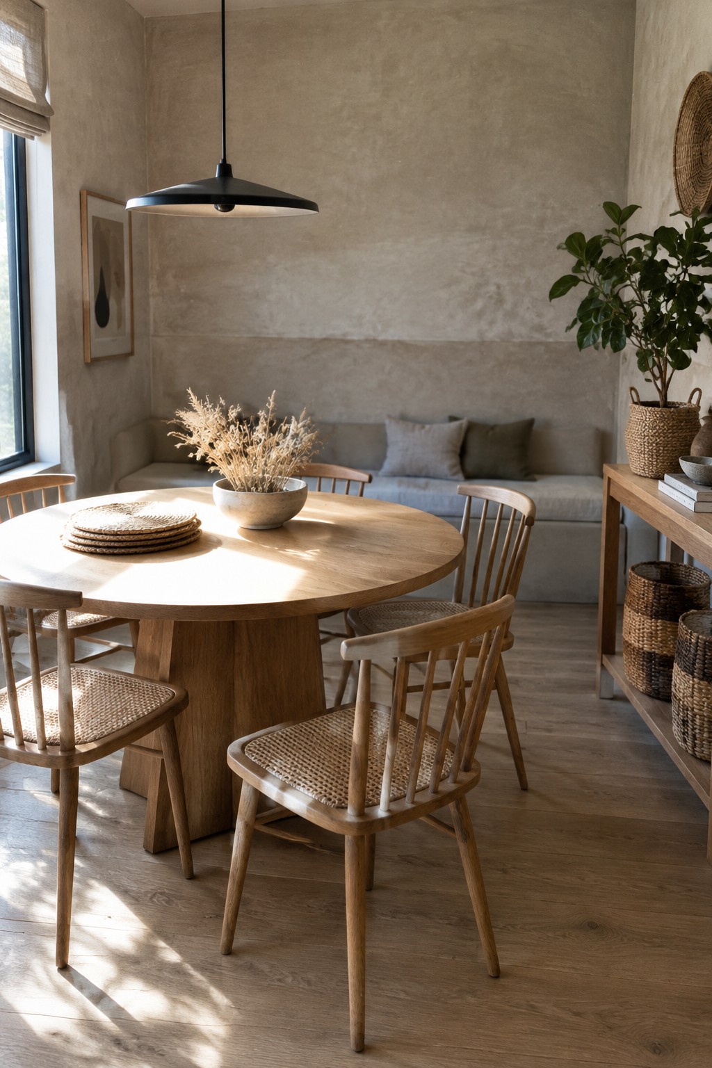 A round wooden dining table with woven placemats and chairs with woven seats in a neutral-toned room.