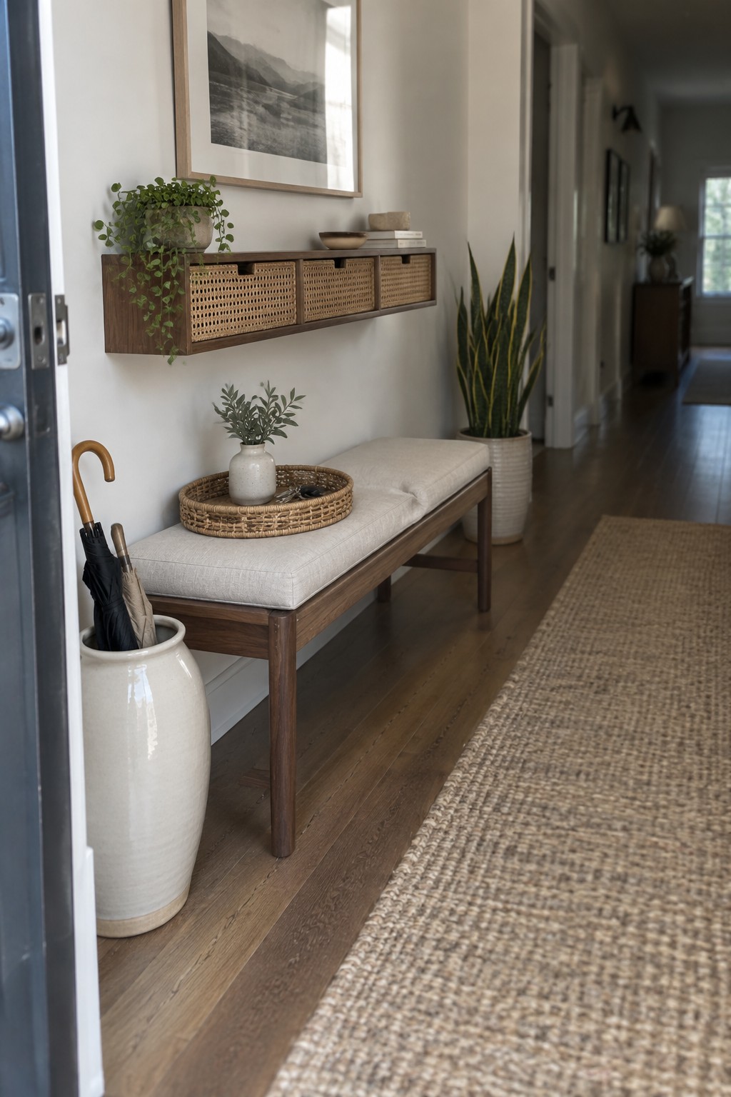 A cushioned wood bench sits beneath a wall-mounted cabinet with woven drawer fronts in a hallway.