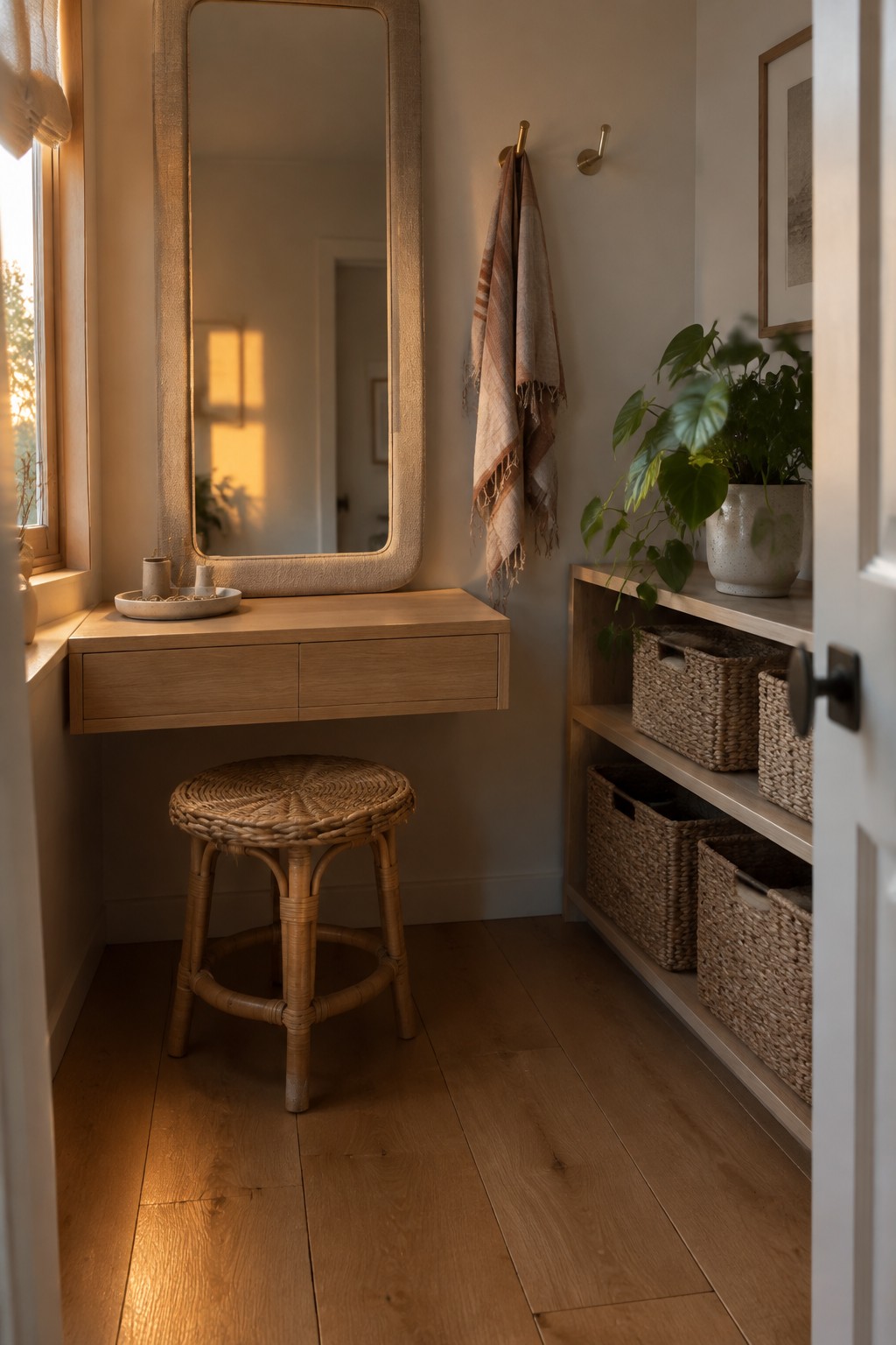 A floating wood vanity with a large framed mirror and a woven stool in a narrow room.