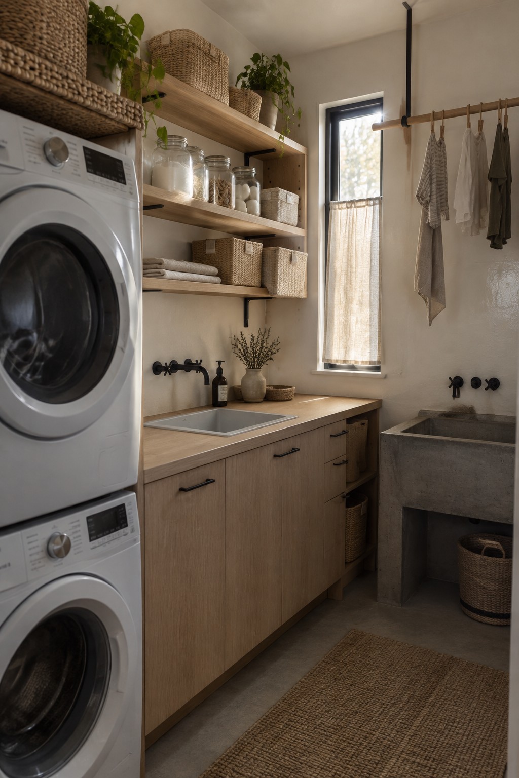 A laundry room with stacked front-loading machines, open wood shelves, woven baskets, a sink, and a concrete wash basin.