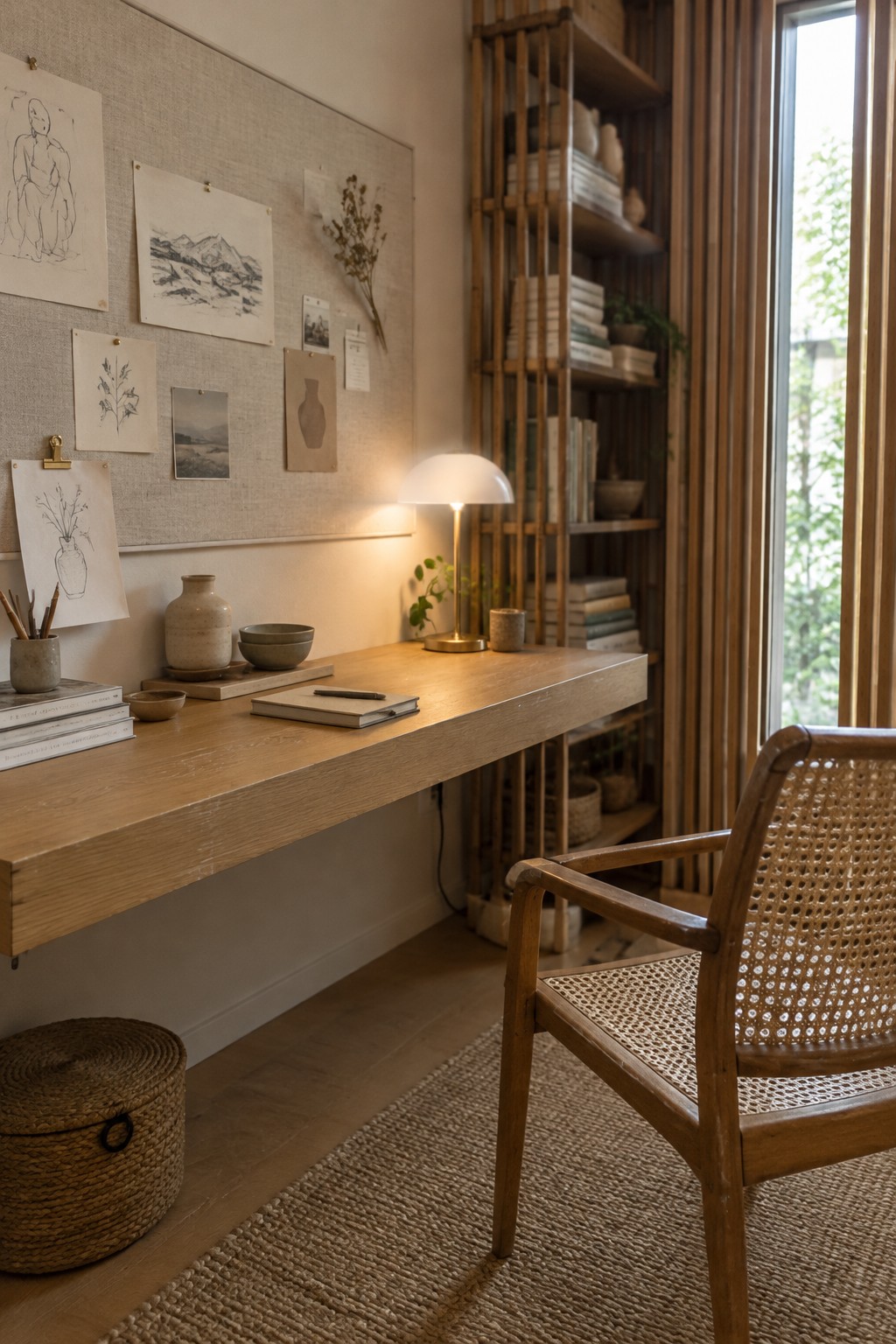 A wooden wall-mounted desk sits beside a tall bookshelf, with a cane chair and woven rug in a home study.