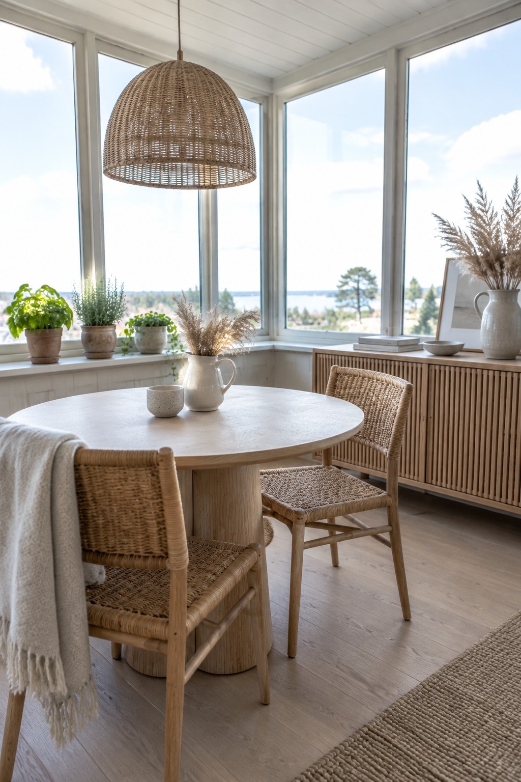 A round dining table with woven chairs sits beside large windows in a light-colored room.