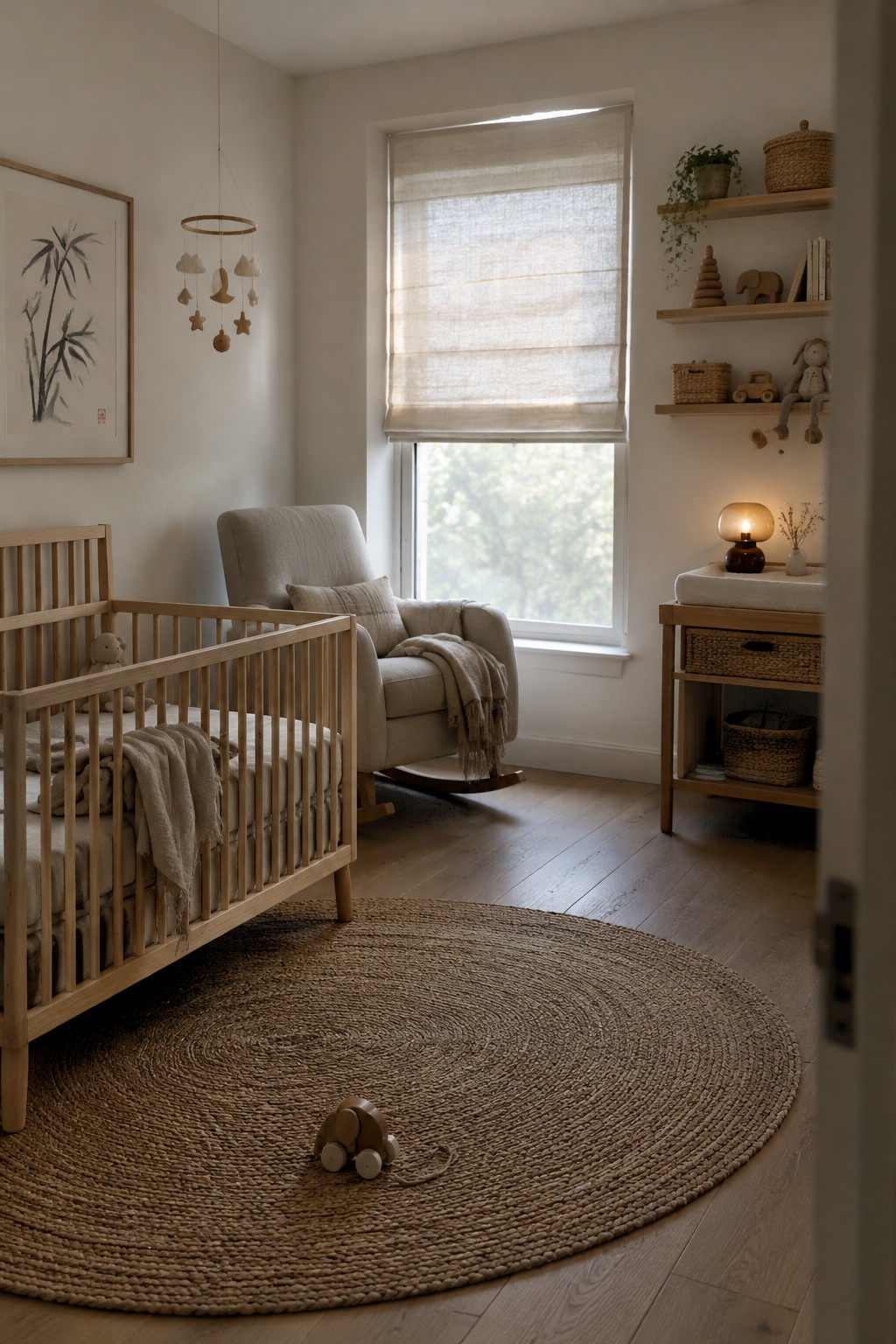 A nursery with a light wood crib, round woven rug, upholstered chair, and fabric shade on the window.