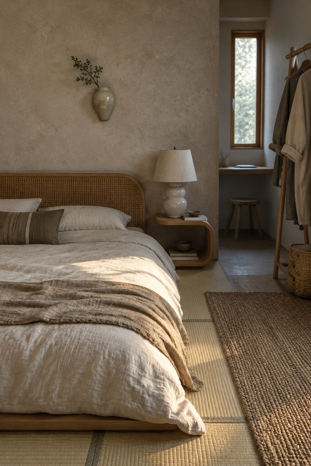 A bedroom with tatami flooring, a low bed with a cane headboard, and a jute rug beside a narrow dressing area.