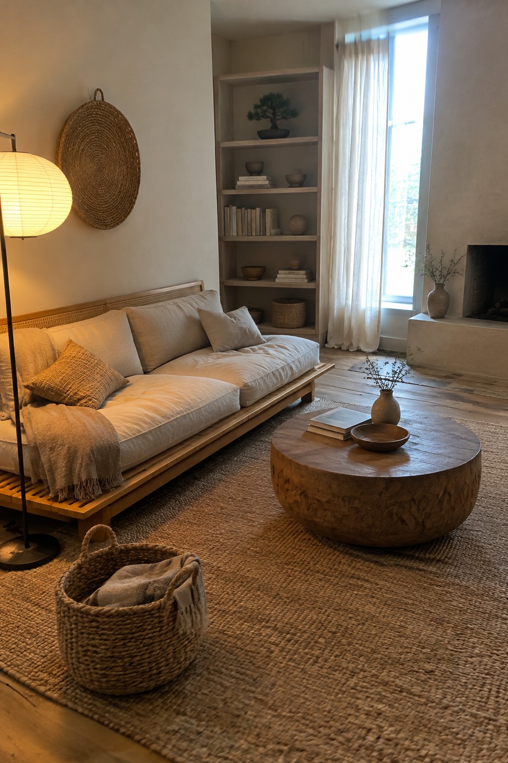 A neutral living room with a low wooden sofa, woven details, a round wooden coffee table, and a woven rug.