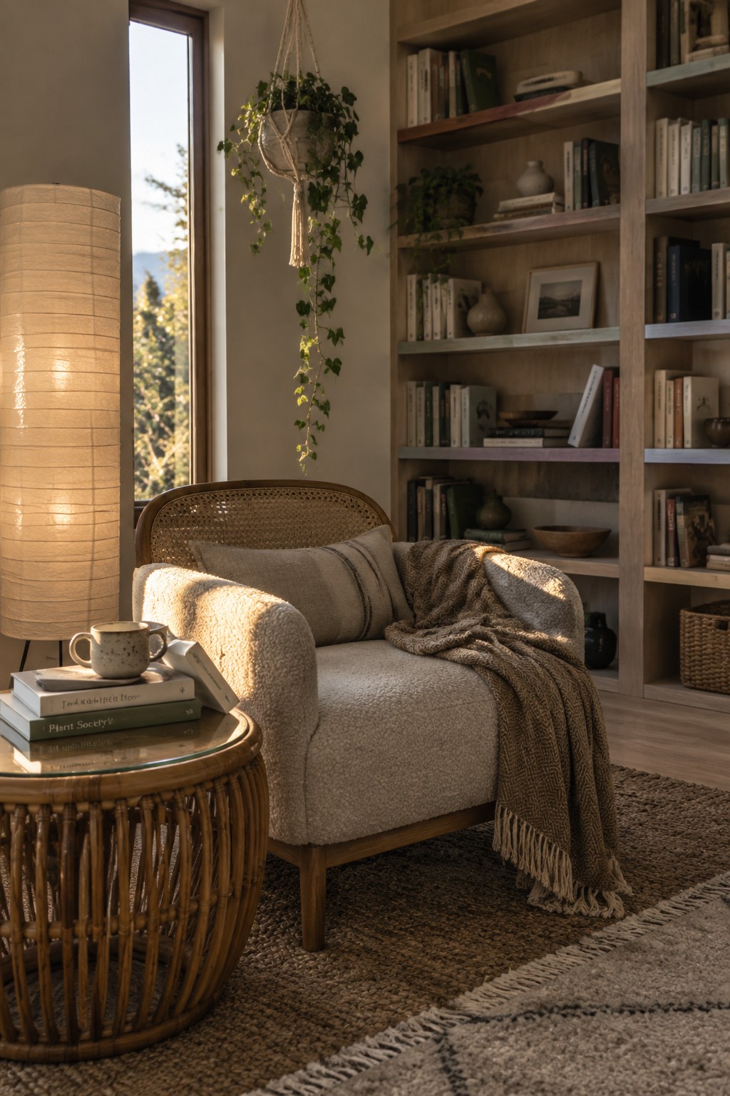 A cane-back armchair with a cushion and throw sits beside a round wicker table in front of a built-in bookcase.
