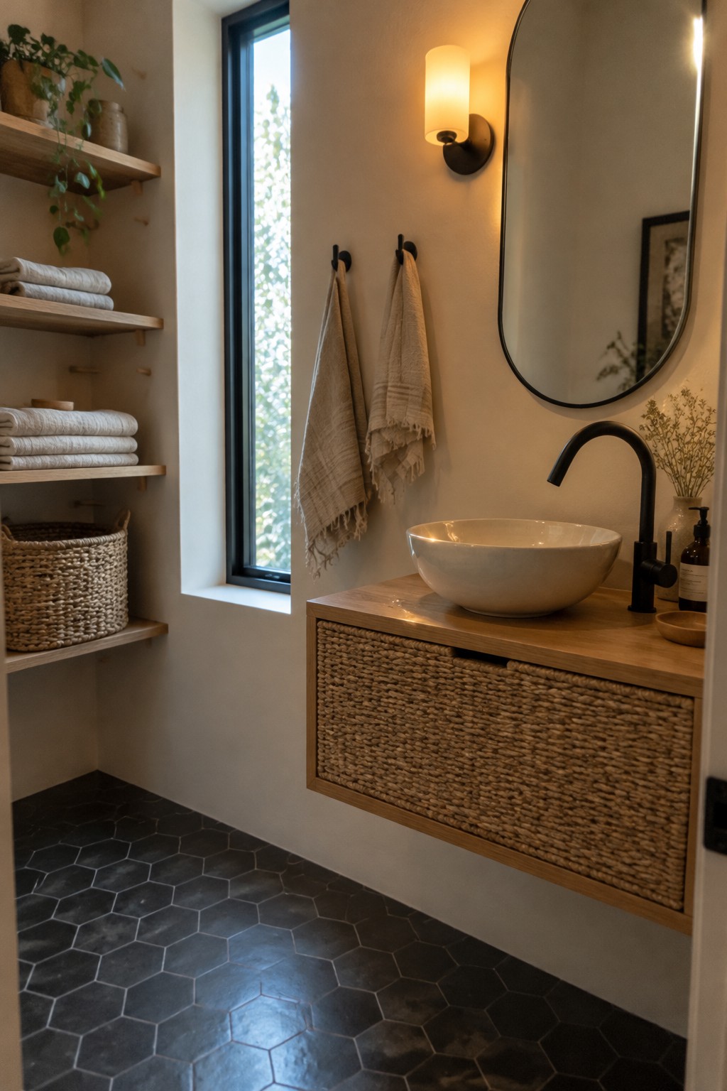 Bathroom vanity with a woven-front cabinet, white vessel sink, black faucet, and open shelves holding towels and a plant.
