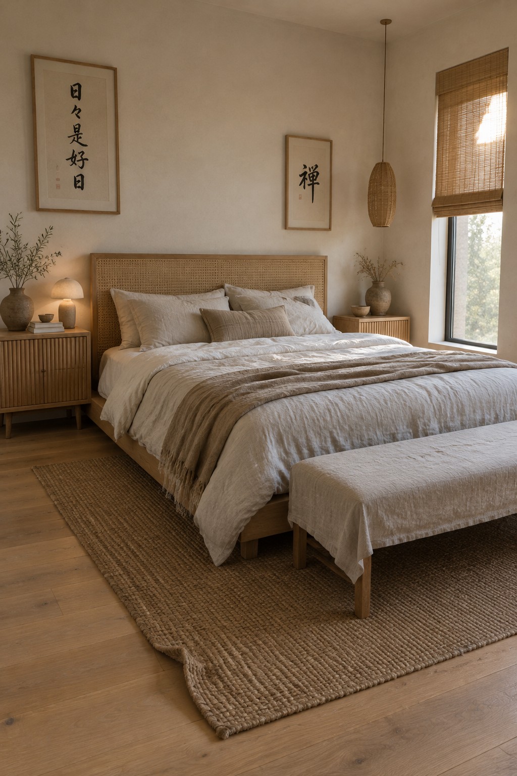 A neutral bedroom with a woven headboard, pale bedding, wood nightstands, and framed calligraphy prints.