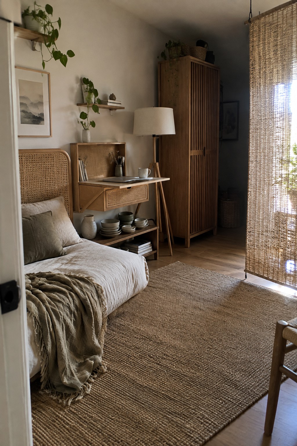 A small bedroom with a cane-front desk drawer, a woven headboard, a tall wooden cabinet, and a large natural-fiber rug.