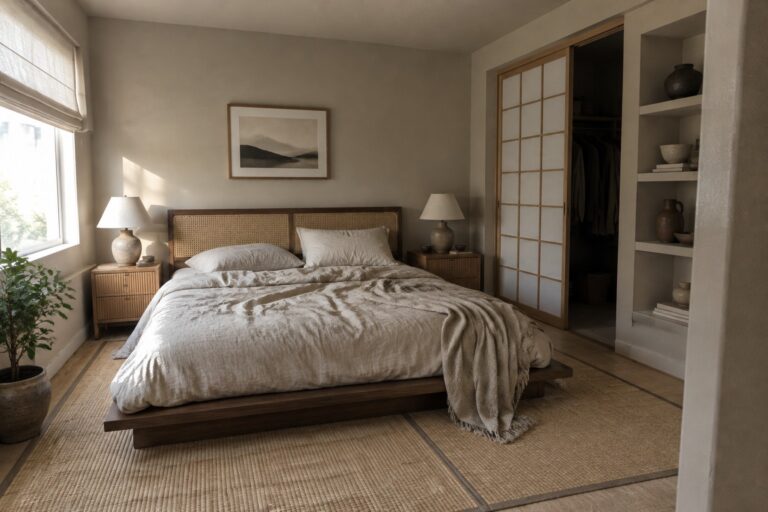 18 Japandi Neutral Color Palettes With Low-Contrast Combinations Warm greige bedroom walls beside a dark wood bed frame.