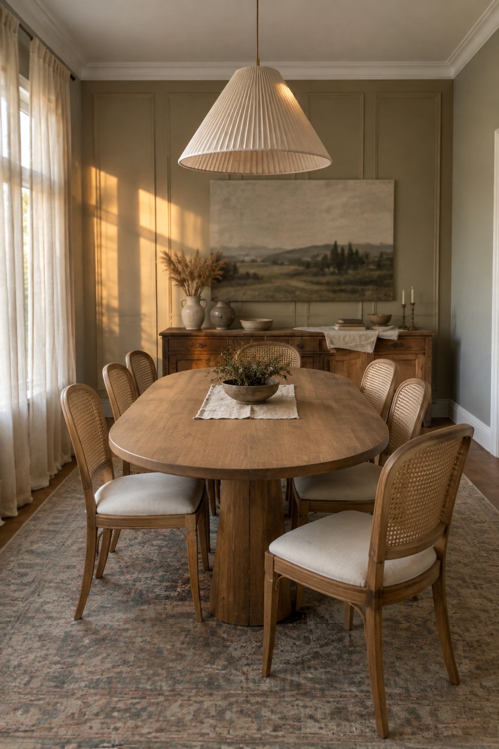 Muted greige walls in a dining room with a warm wood table.
