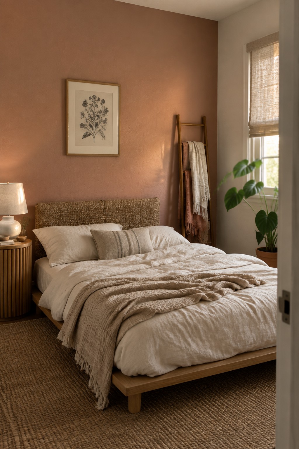 A bedroom with muted terracotta walls behind a bed with a woven headboard.