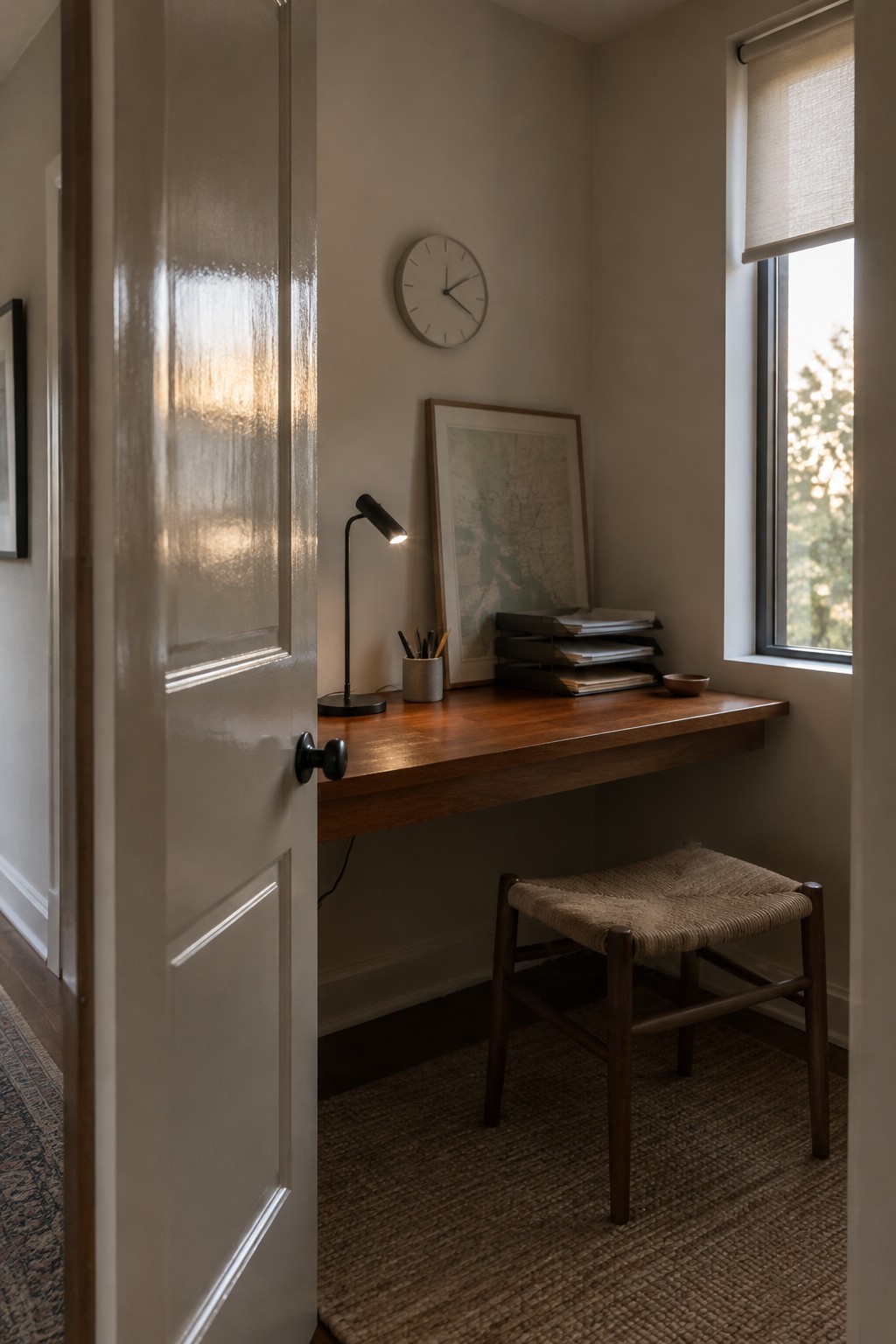 Warm greige walls surround a compact home office with a dark wood desk.