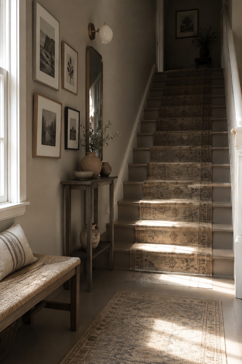 Warm greige walls beside a dark wood staircase with a muted patterned runner.