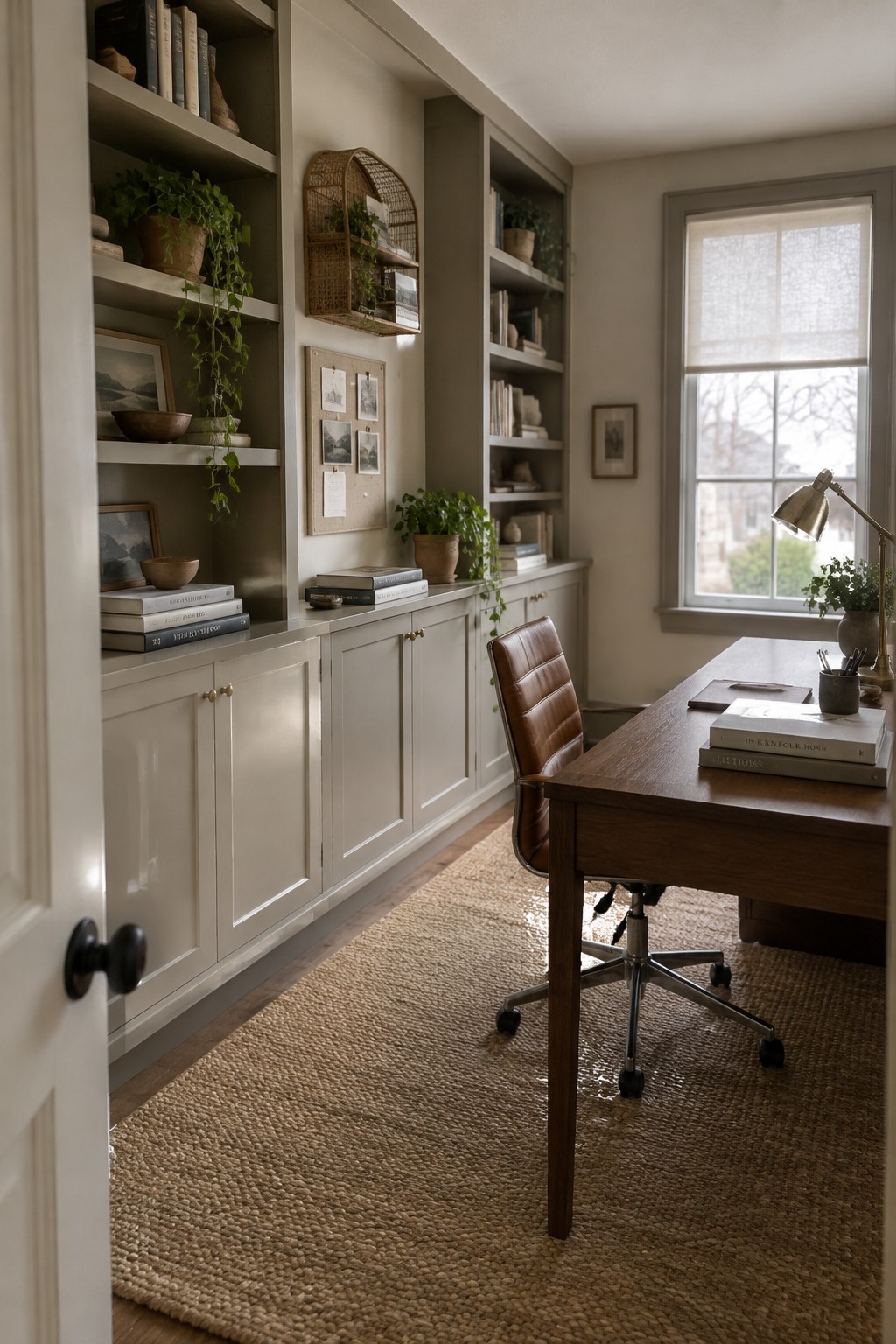 Warm greige built-in shelves and cabinets in a home office beside a dark wood desk.