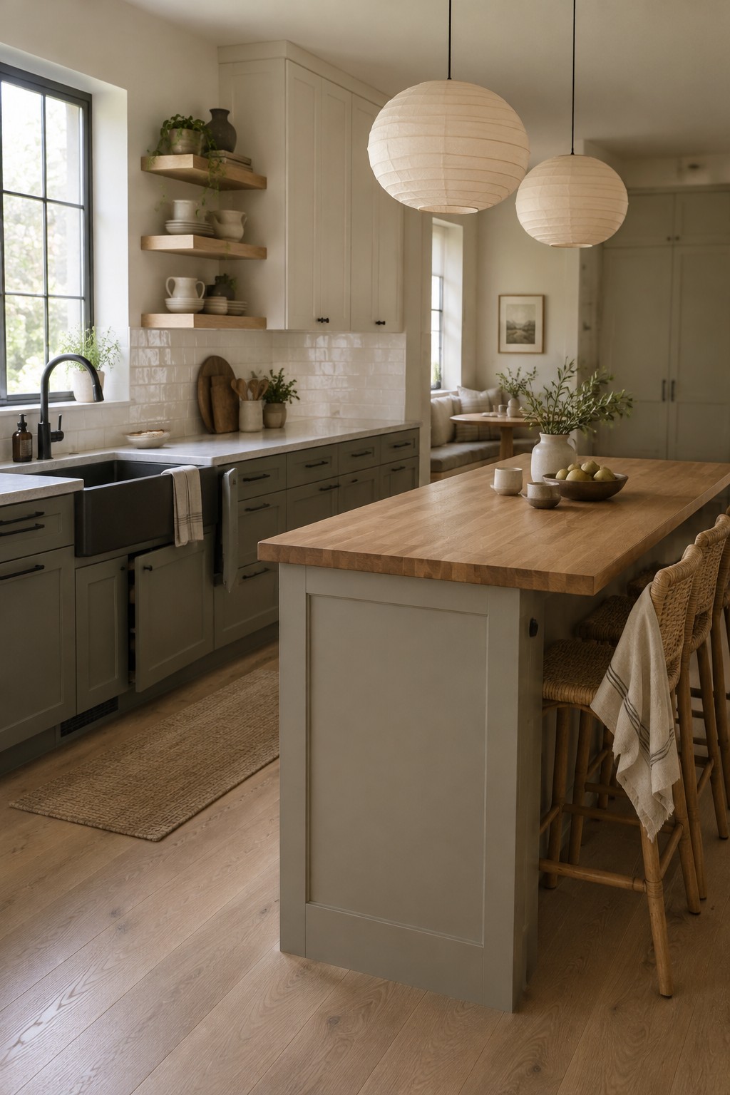 Warm greige kitchen cabinets sit beside a butcher-block island.