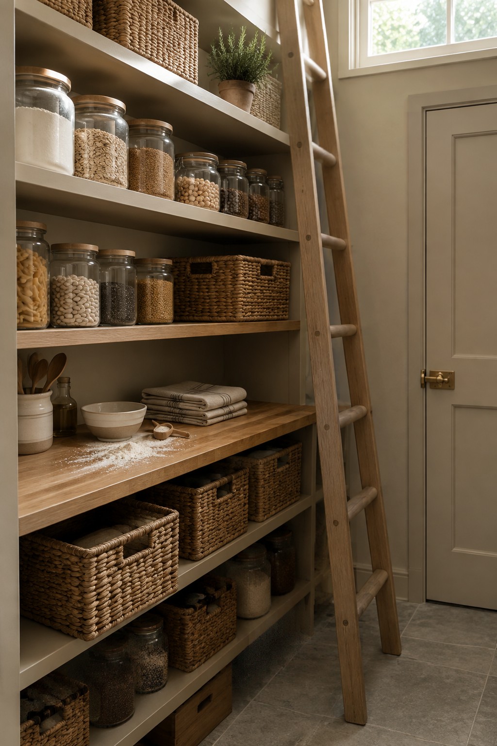 Warm greige pantry shelving with wood shelves and woven baskets.