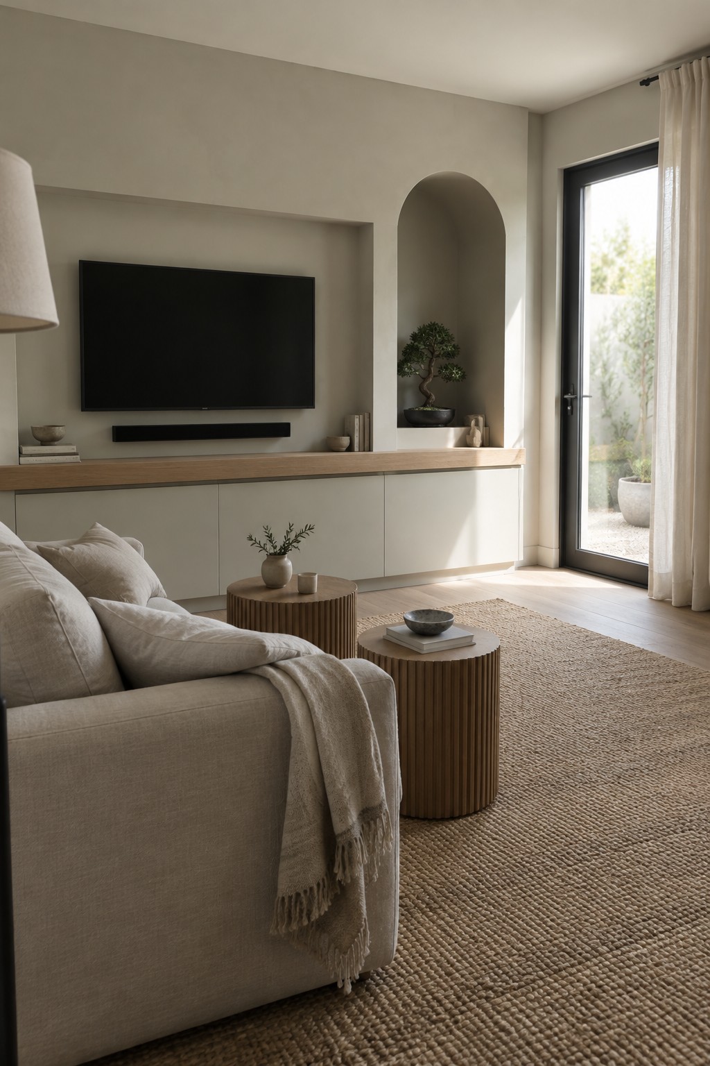 Warm greige walls and built-in cabinetry in a living room beside a pale wood counter.