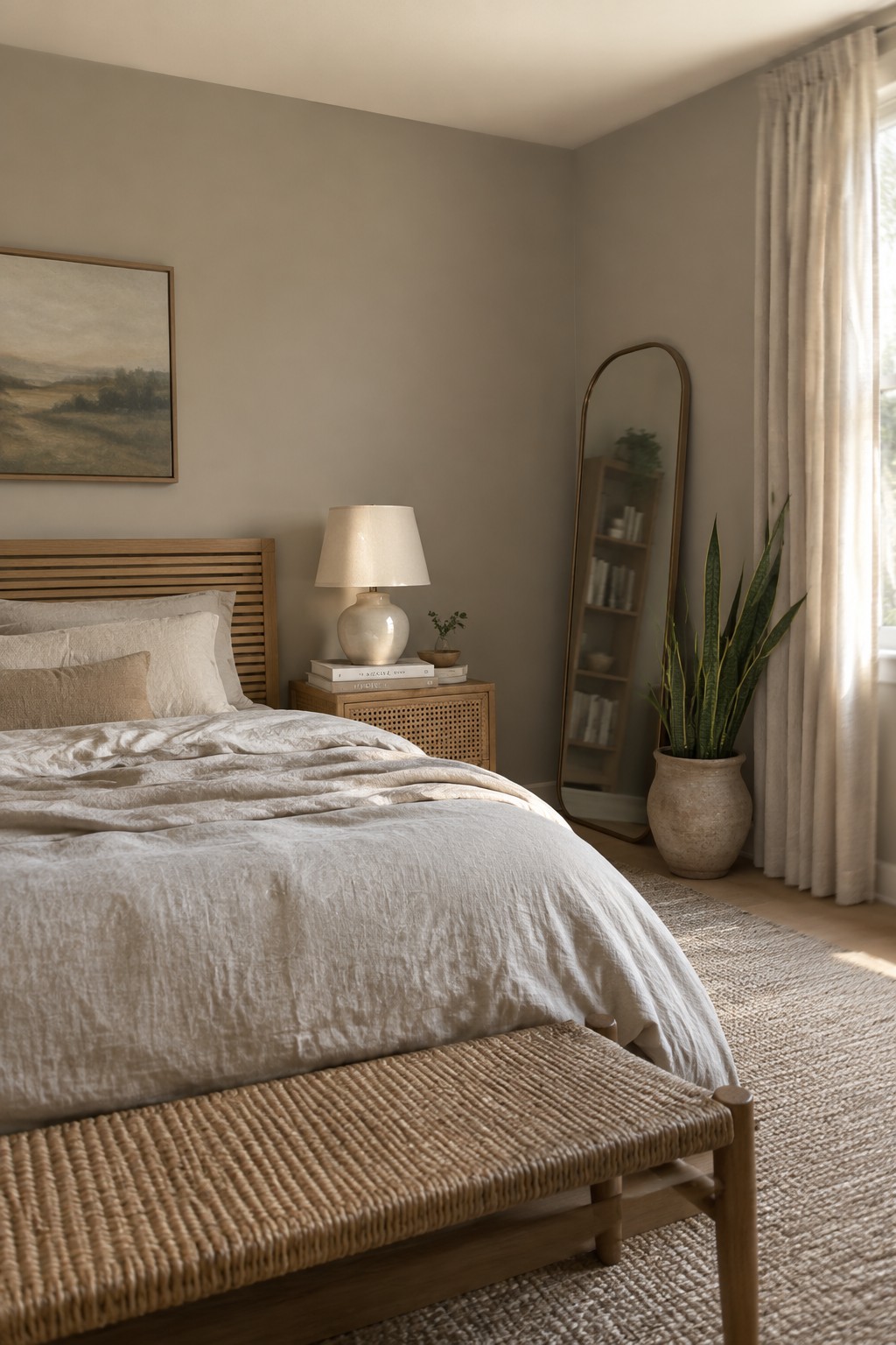 Warm greige bedroom walls beside a pale wood headboard.