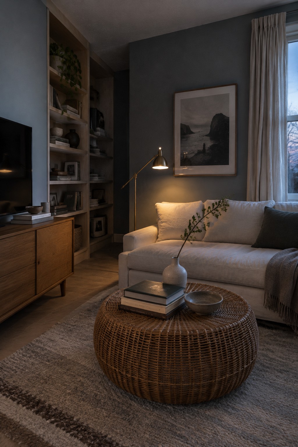 Charcoal blue walls beside warm wood built-in shelving in a low-light living room.