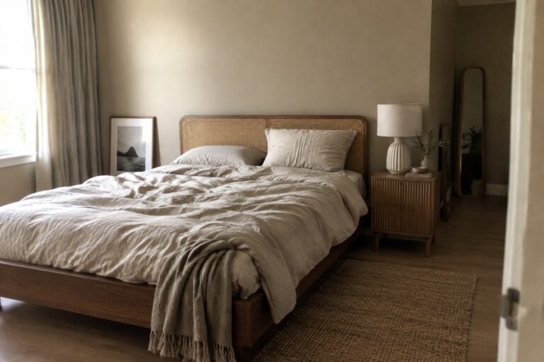Warm greige bedroom walls beside a woven cane headboard.