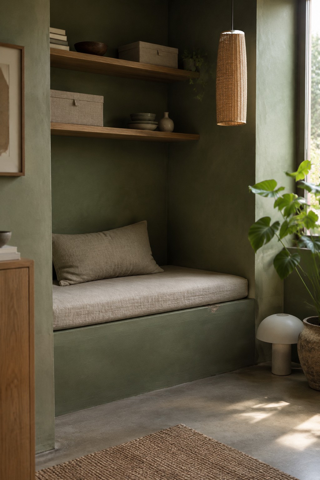 Muted olive paint covers the walls and built-in bench of an indoor reading nook.