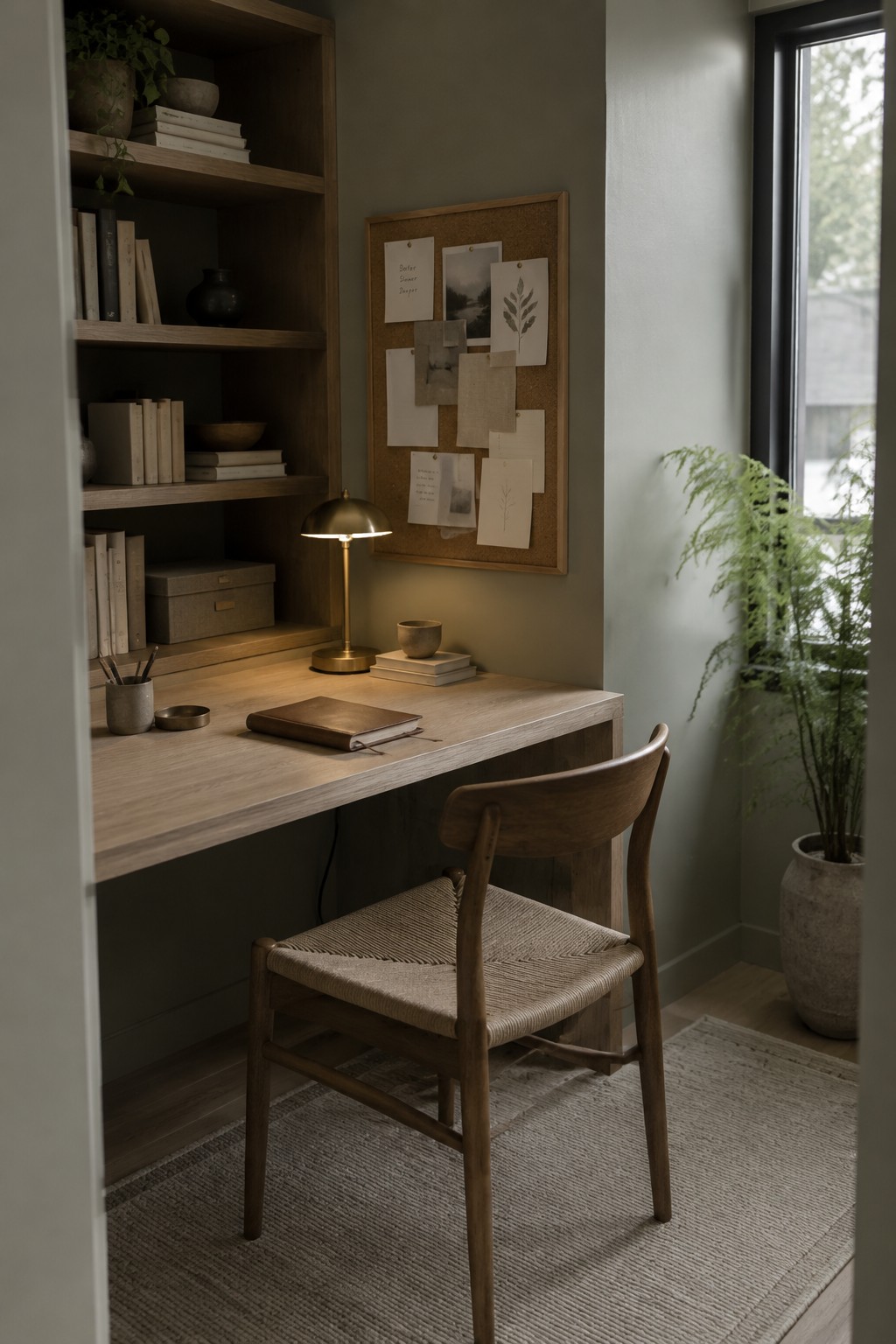 Muted olive-green walls beside a built-in wooden desk and shelves in a low-light study.