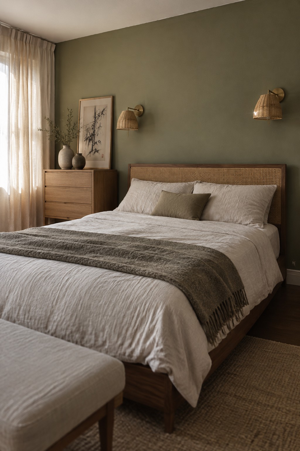 Muted olive green bedroom walls behind a bed with a woven cane headboard.