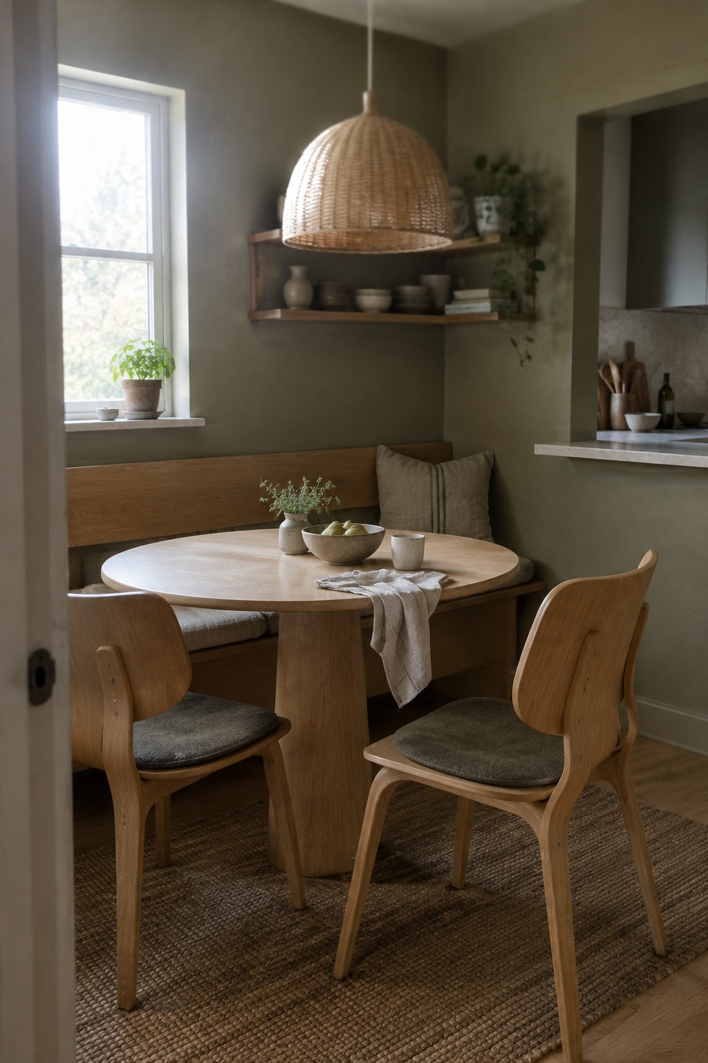 Muted sage green walls in a dining nook with warm oak furniture.