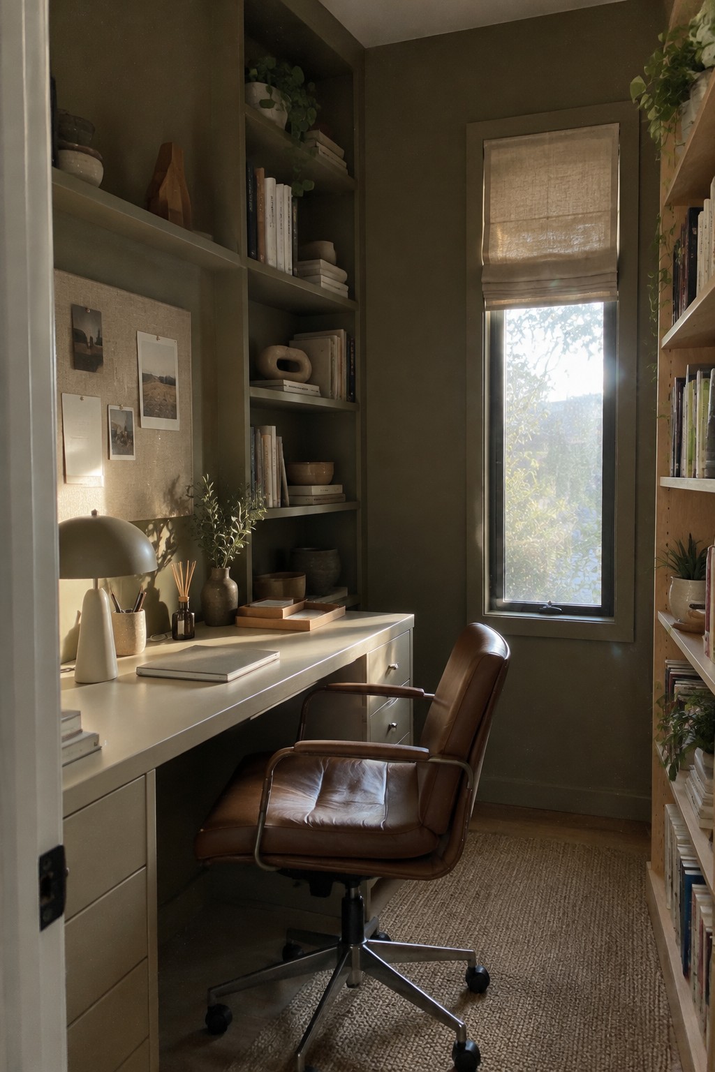 Olive green walls and built-in shelves in a narrow study with a desk and window.