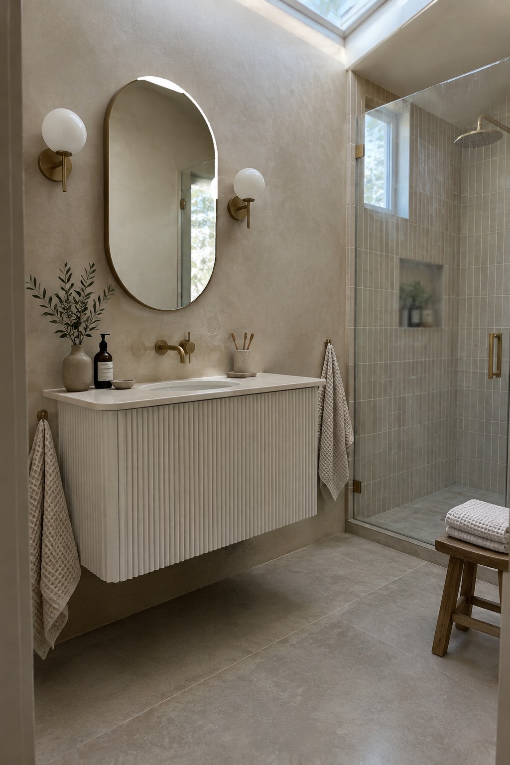 Warm pale greige bathroom walls above a fluted vanity beside a tiled shower.