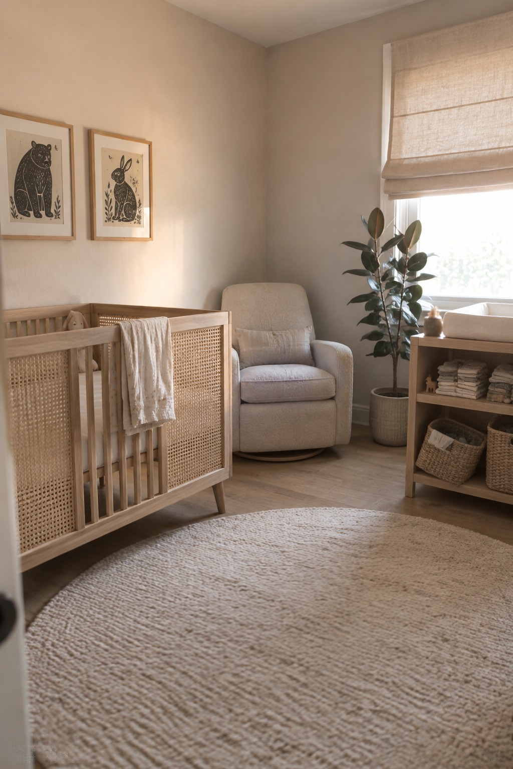 A low-light nursery with warm greige walls beside a natural oak crib.
