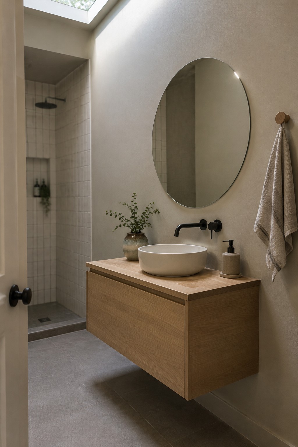 Warm greige bathroom walls beside a floating oak vanity and tiled shower.