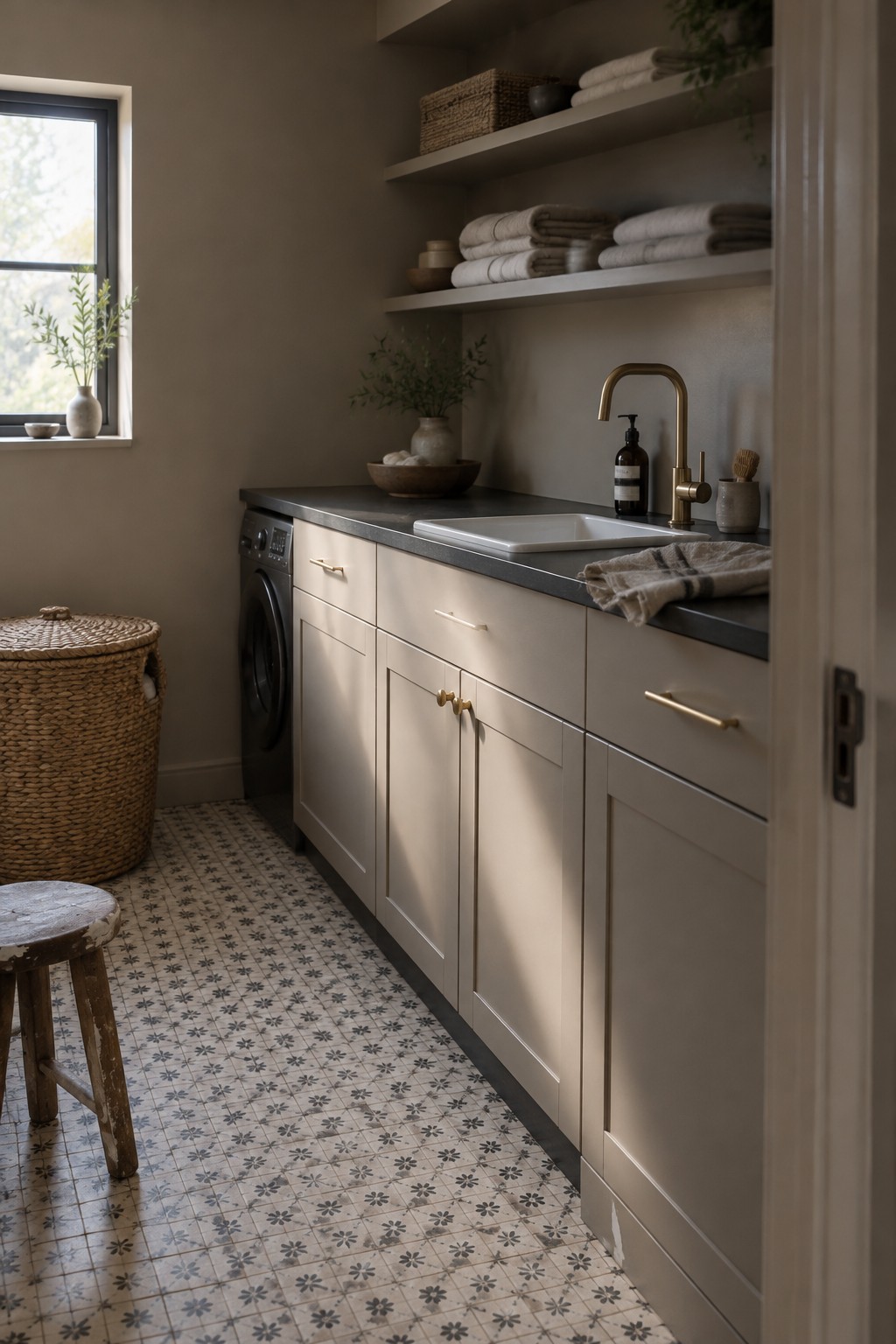 Warm greige walls in a compact laundry room with pale cabinets and a dark counter.