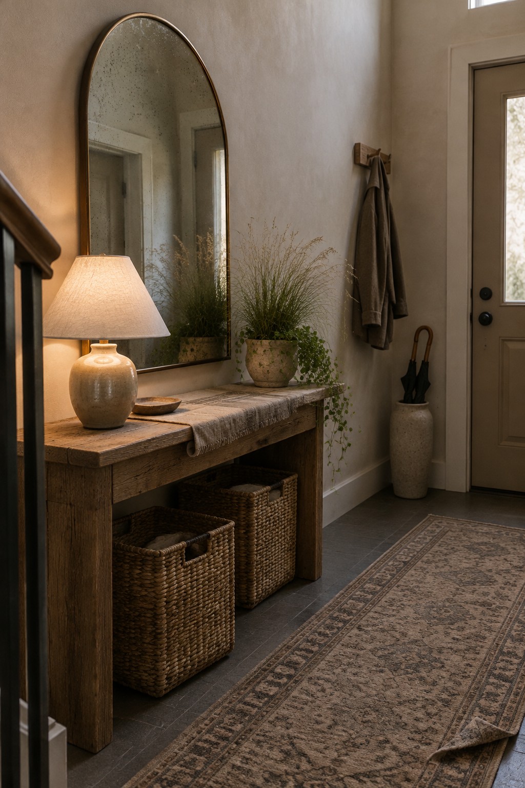Warm greige walls in an entryway beside a rustic wood console.