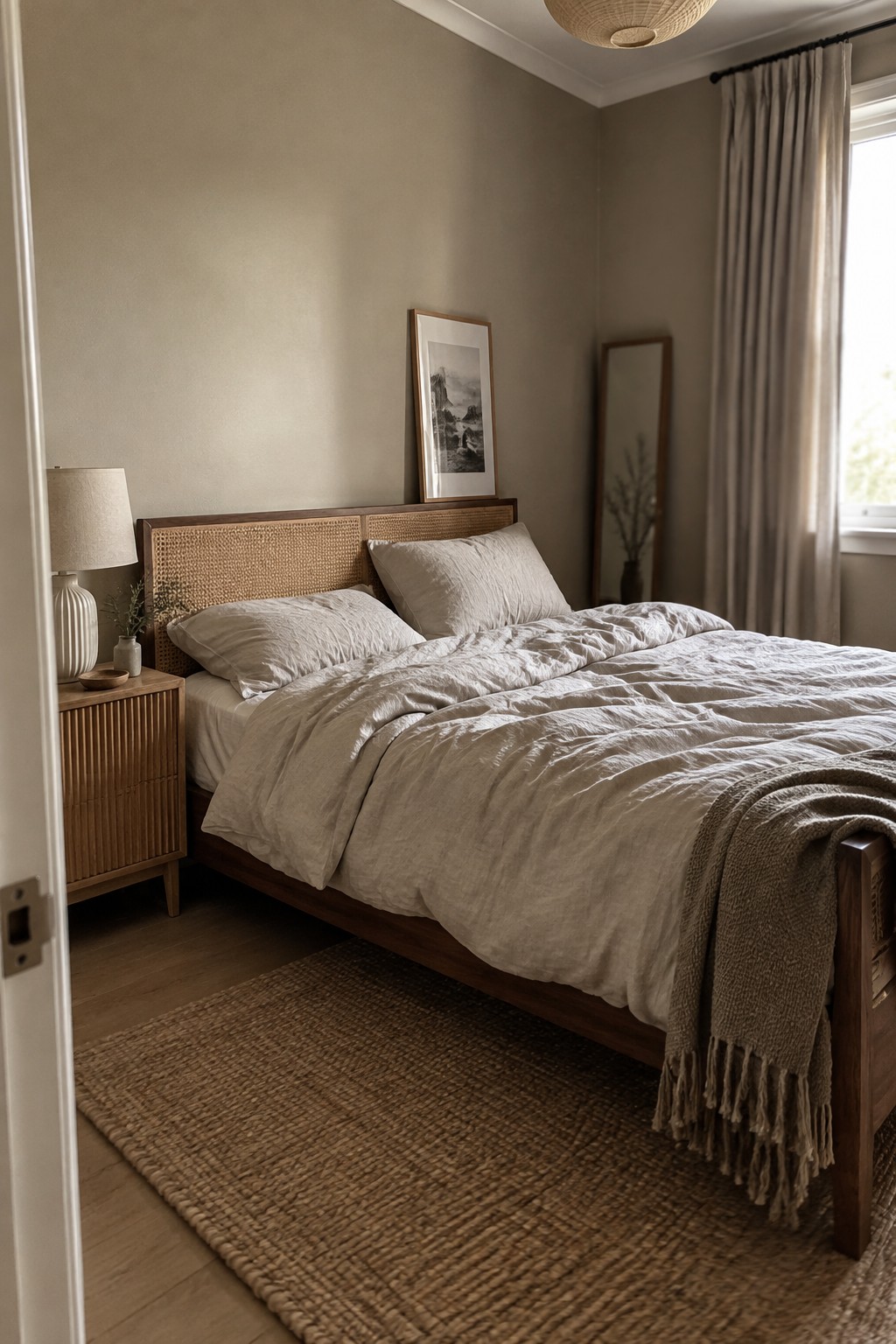 Warm greige bedroom walls beside a woven cane headboard.