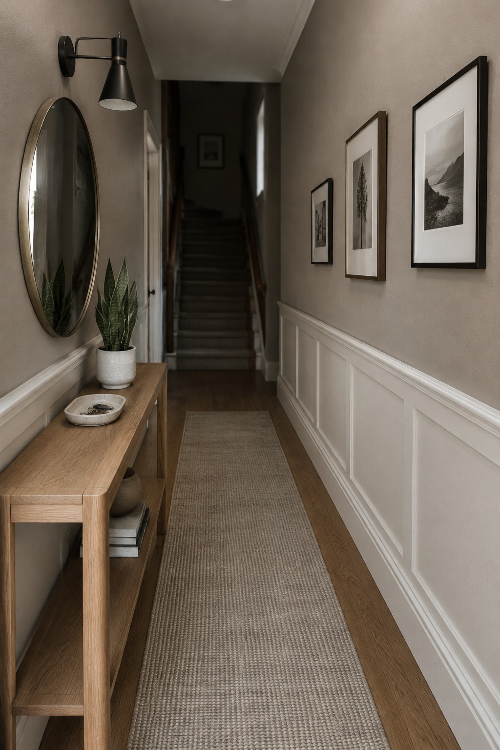 Warm greige walls above white paneling in a narrow hallway with wood floors.