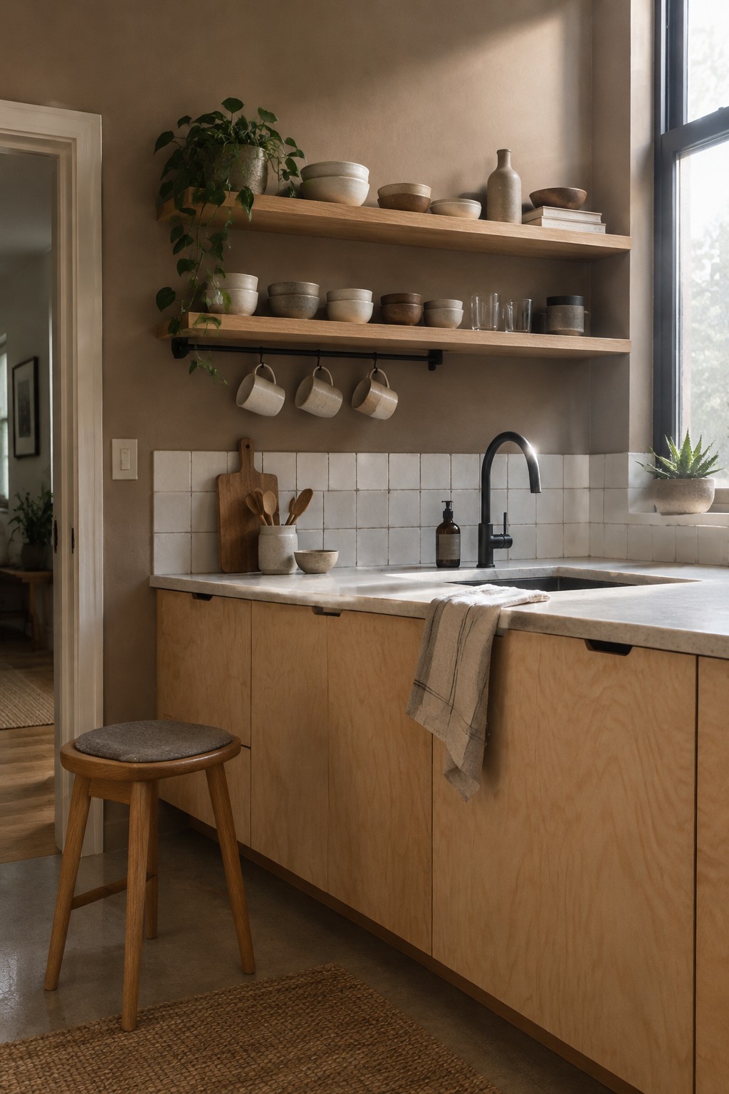 Warm taupe-painted kitchen walls above white tile and light wood cabinets.