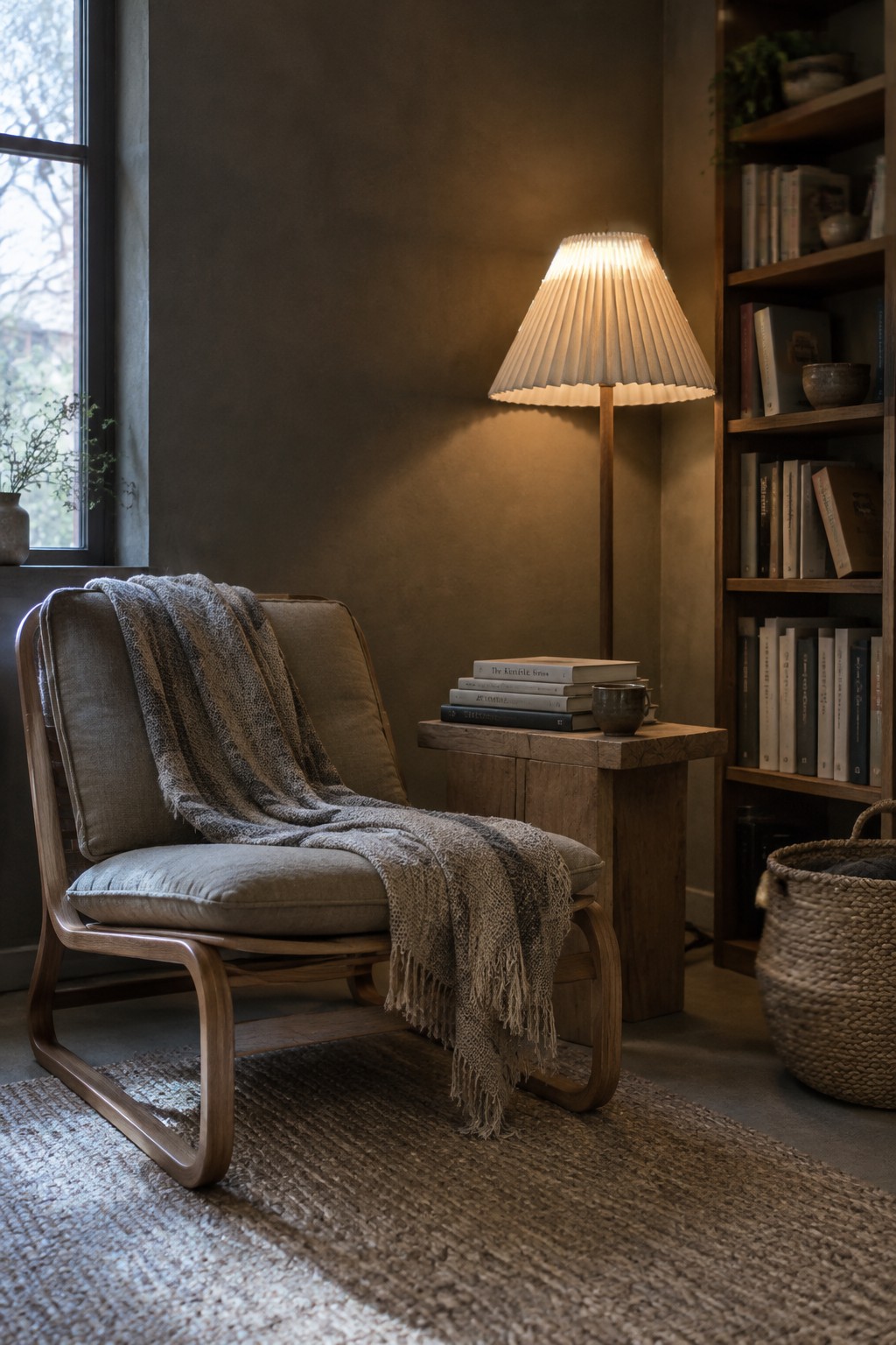 Warm taupe walls in a cozy reading nook with a wood bookcase.