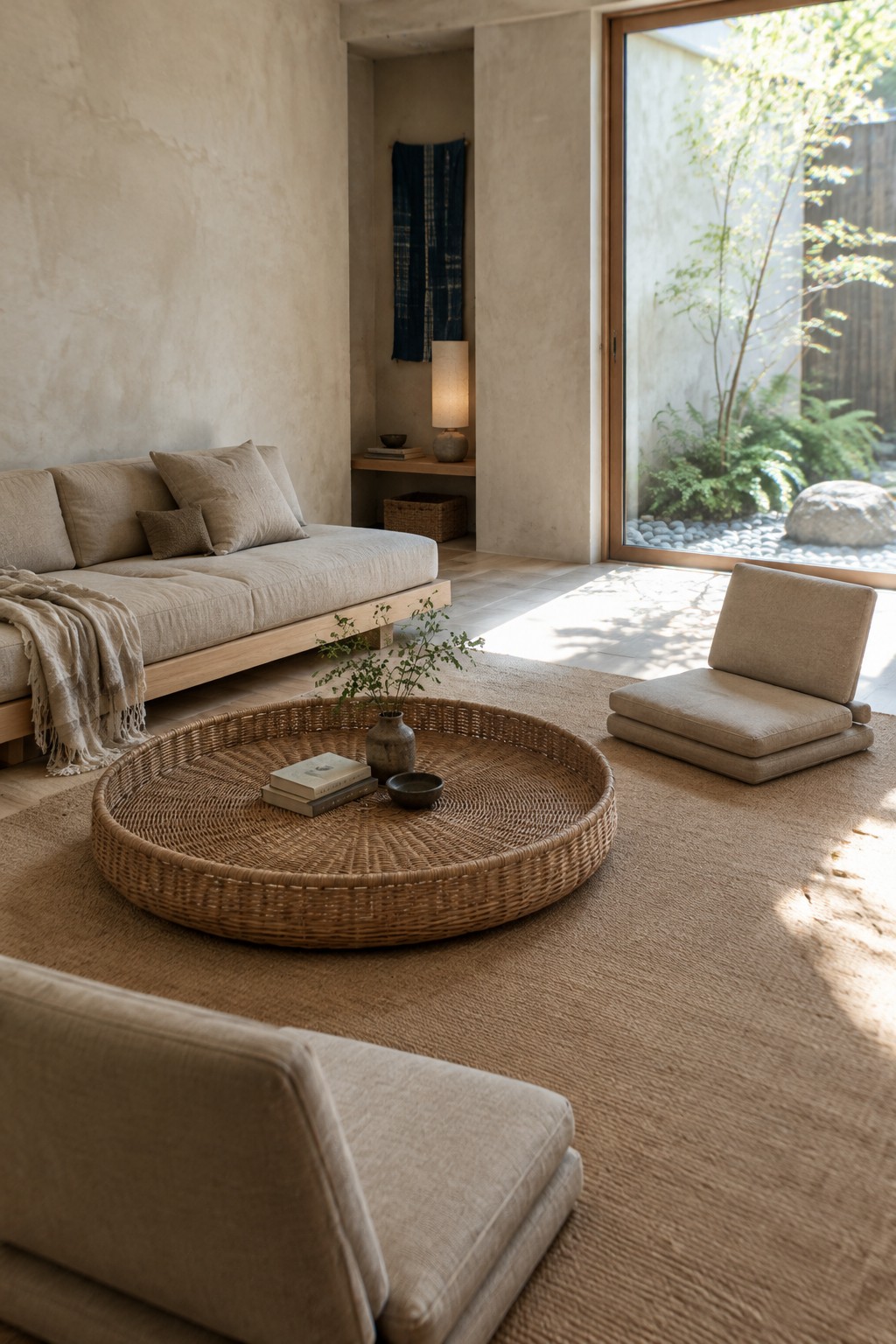 A neutral-toned living room with low sofas, floor cushions, a woven round coffee table, and a large window overlooking a garden.