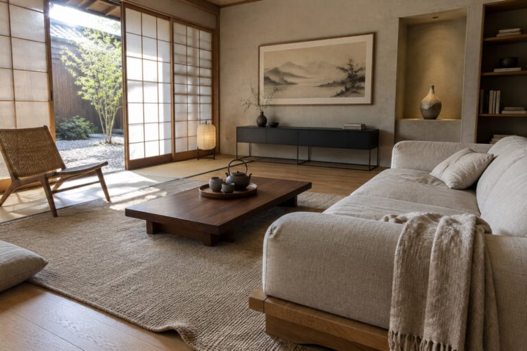 18 Modern Japandi Living Rooms Featuring Low-Profile Furniture A low white sofa and wooden coffee table sit on a woven rug in a living room with shoji screens and a woven lounge chair.