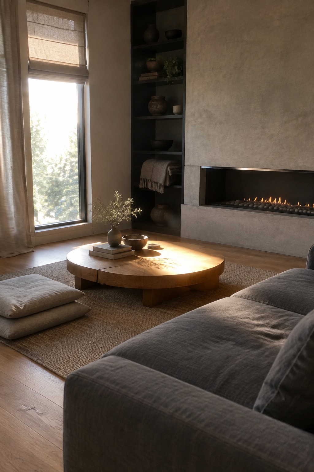 A low round wooden coffee table sits between floor cushions and a gray sofa in a living room with a fireplace and built-in shelves.