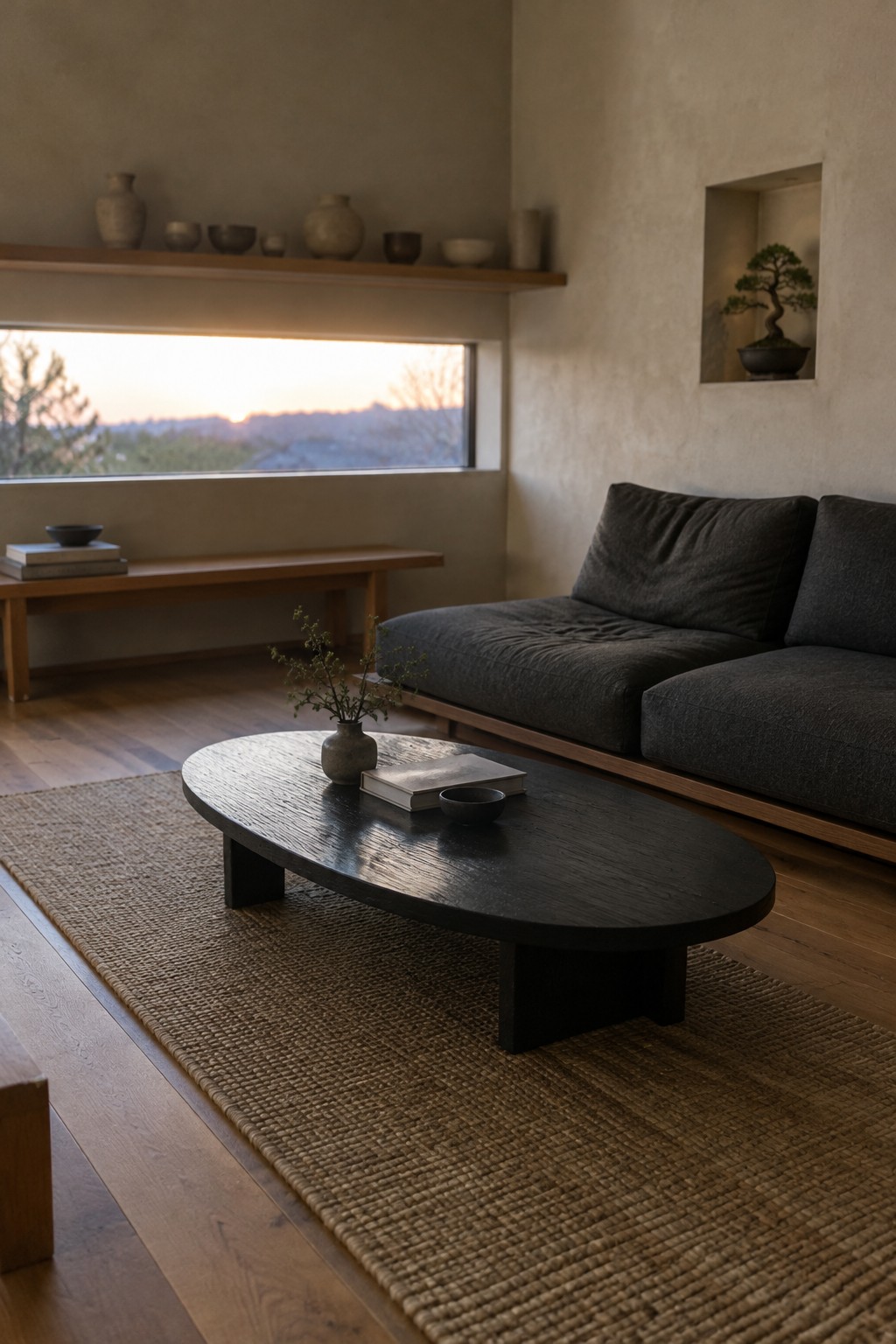 A low charcoal sofa and dark oval coffee table sit on a woven rug in a neutral living room.